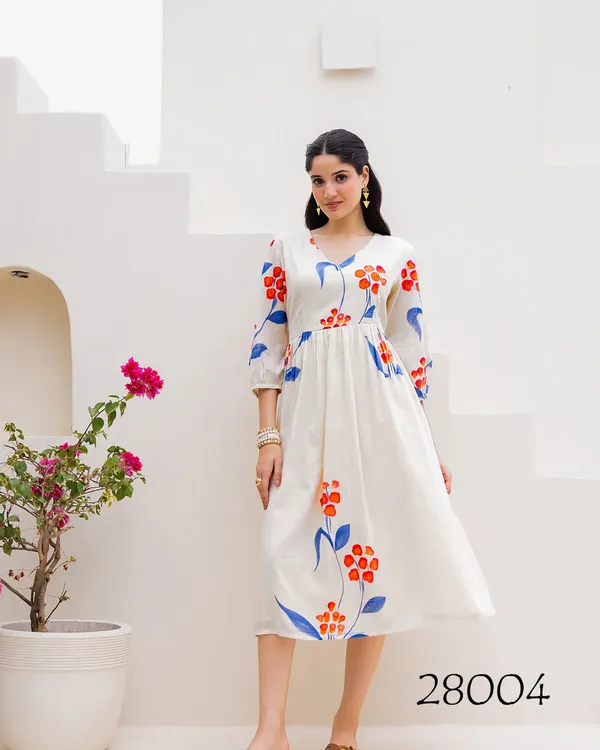 White_Floral_Print_Three_Quarter_Sleeves_Midi_Dress_For_Women