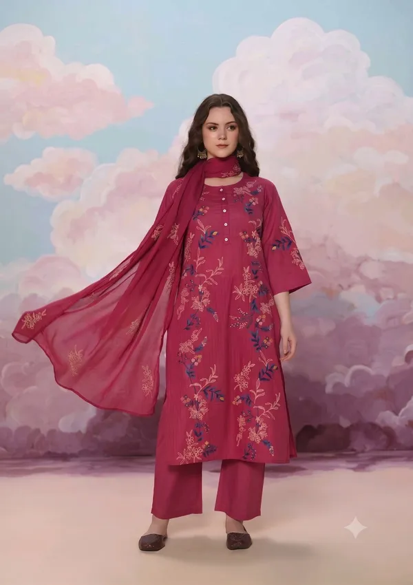 Magenta_Cotton_Embroidery_Kurti_Pant_Dupatta_Set
