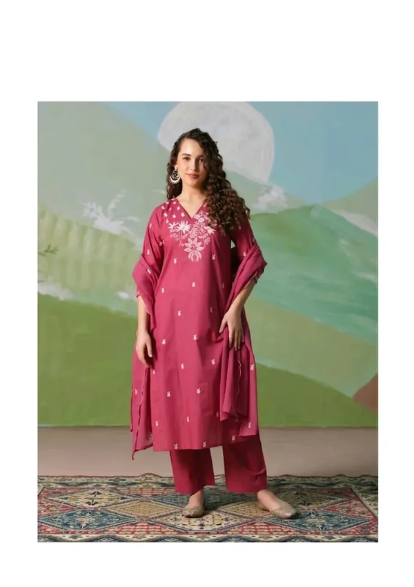 Magenta_Pure_Cotton_Embroidery_Kurti_Pant_Dupatta_Set