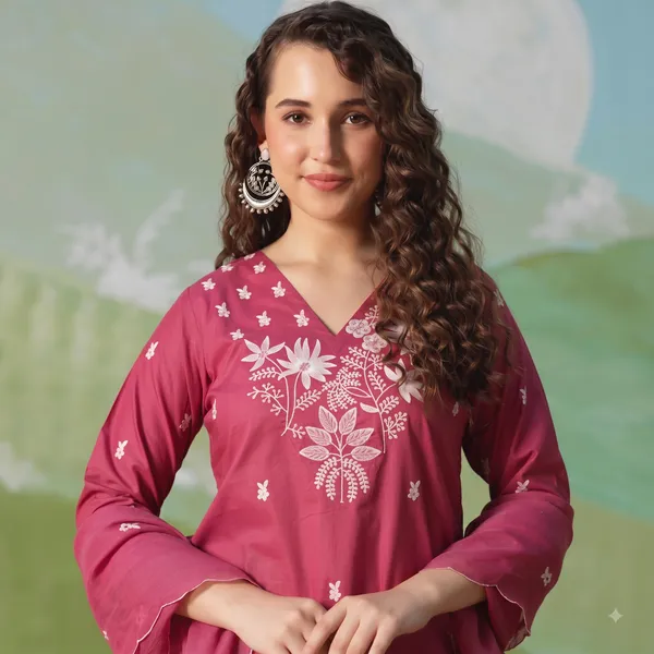 Magenta_Pure_Cotton_Embroidery_Kurti_Pant_Dupatta_Set