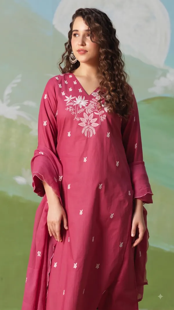 Magenta_Pure_Cotton_Embroidery_Kurti_Pant_Dupatta_Set