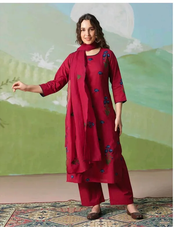 Maroon_Cotton_Embroidery_Kurti_Pant_Dupatta_Set