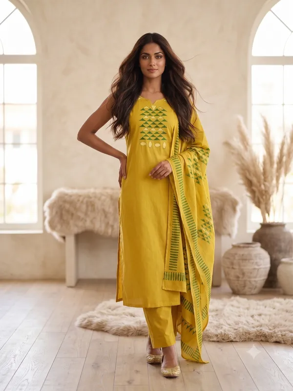 Mustard_Yellow_Dhabu_Cotton_Top_And_Bottom_With_Block_Printed_Dupatta