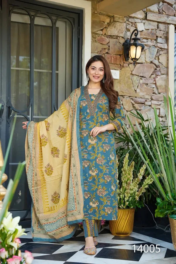 Slate_Blue_Floral_Printed_Cotton_Kurta_Set_With_Mustard_Dupatta_For_Women