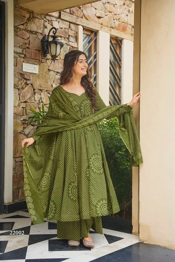Olive_Green_Cambric_Cotton_Printed_Top_Bottom_Dupatta_Set