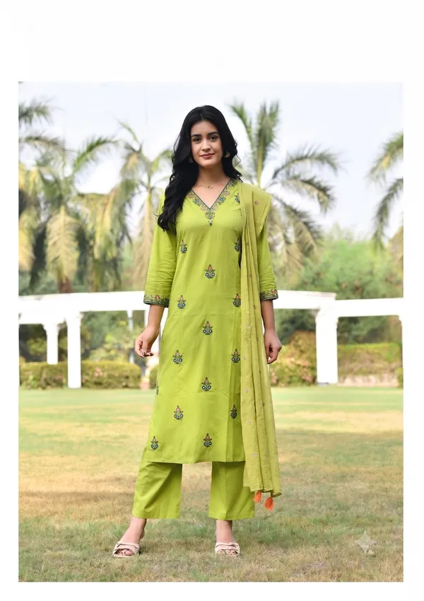 Parrot_Green_Cotton_Embroidery_Kurta_Pant_Dupatta_Set