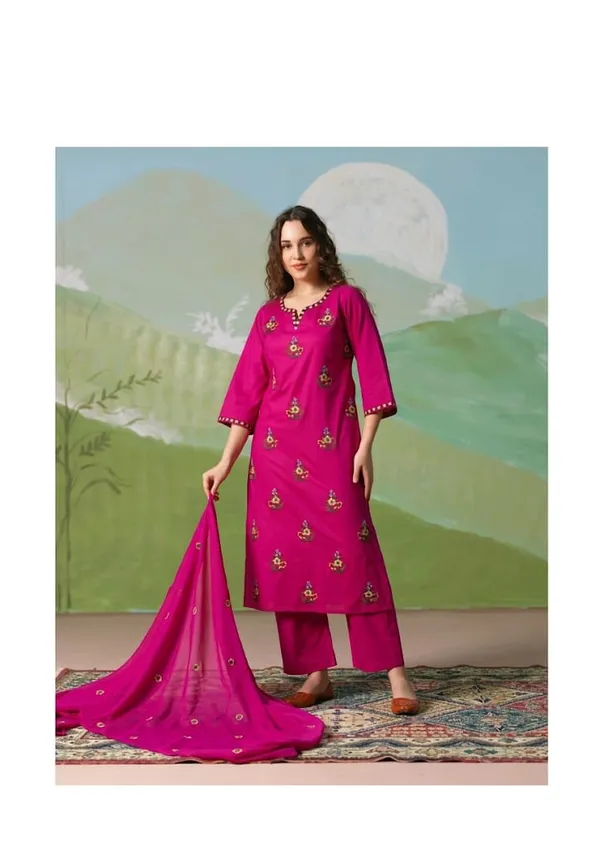 Pink_Pure_Cotton_Embroidery_Kurti_Pant_Dupatta_Set