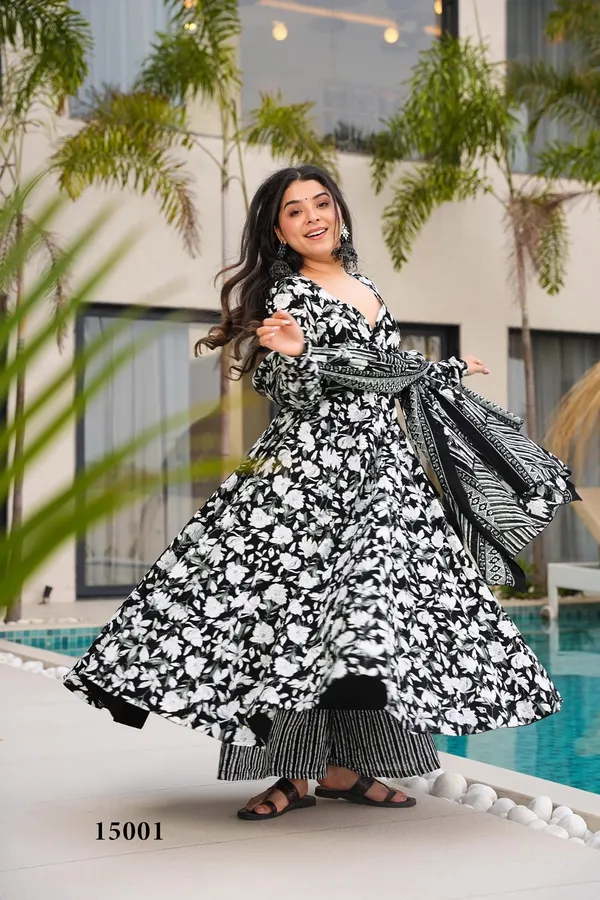 Black_And_White_Floral_Print_Cotton_Anarkali_Suit_Set_For_Women