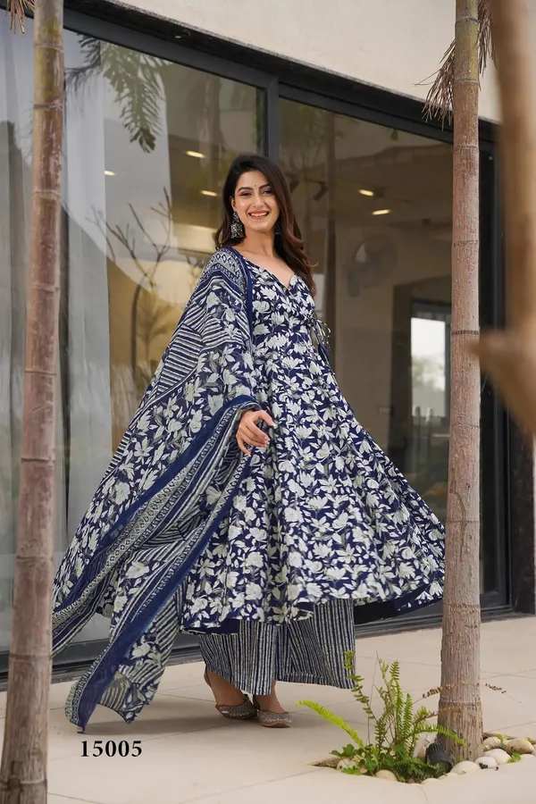 Navy_Blue_Floral_Print_Anarkali_Kurta_Set_For_Women