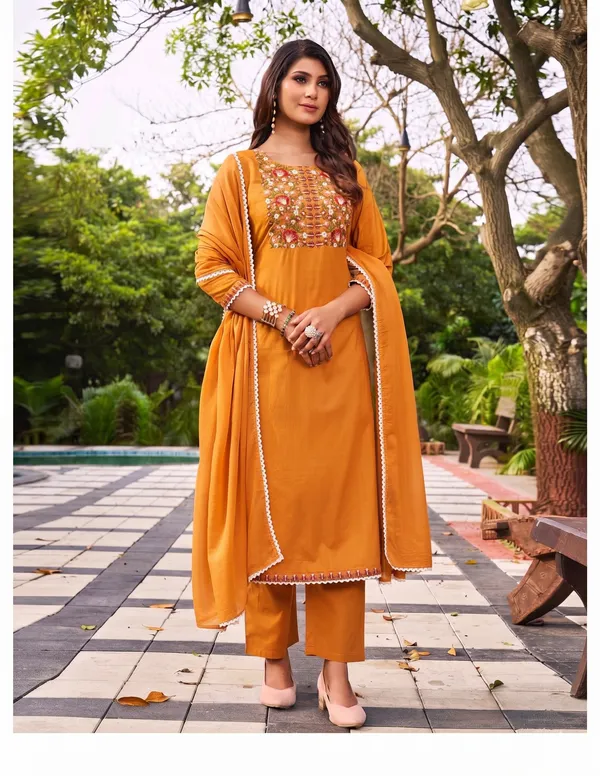 Rust_Pure_Cotton_Embroidery_Top_Bottom_Dupatta_Set