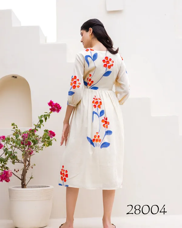White_Floral_Print_Three_Quarter_Sleeves_Midi_Dress_For_Women