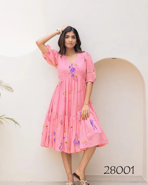 Vibrant_Pink_Print_Puff_Sleeve_Midi_Dress_For_Women