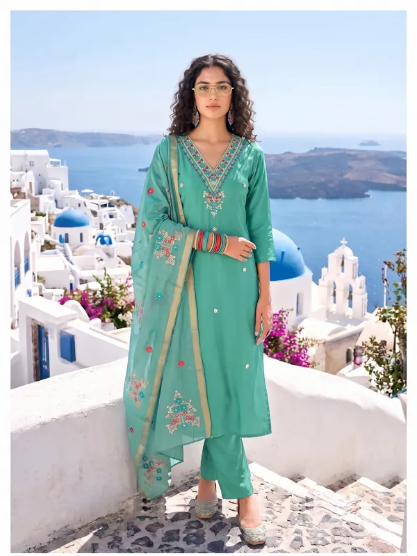 Teal_Roman_Silk_Embroidery_Kurti_Pant_Dupatta