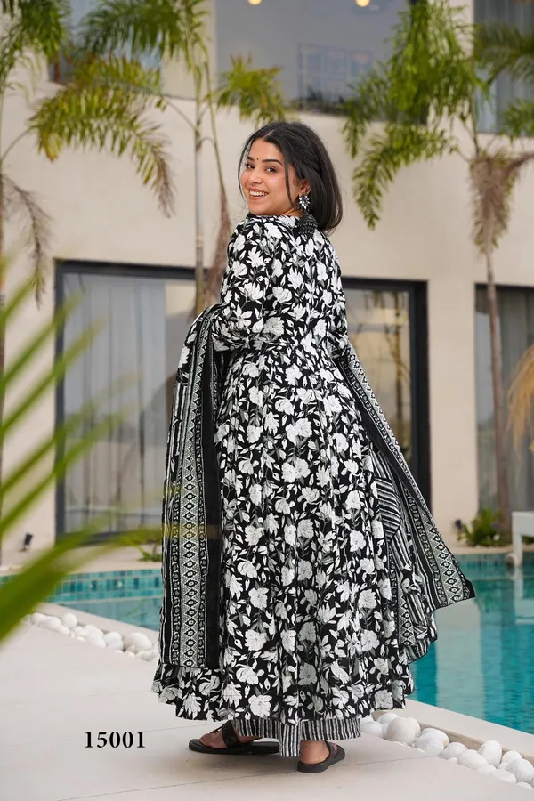 Black_And_White_Floral_Print_Cotton_Anarkali_Suit_Set_For_Women