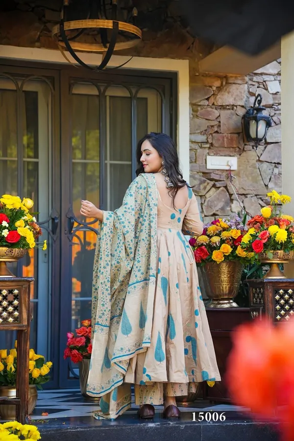 Cream_And_Blue_Printed_Anarkali_Suit_Set_For_Women