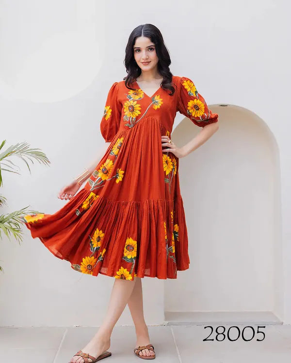 Terracotta_Red_Floral_Print_Tiered_Midi_Dress_For_Women