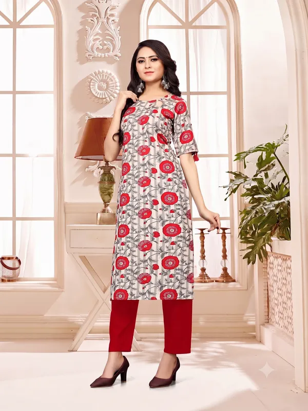 Cream_Cotton_Floral_Printed_Straight_Cut_Kurti