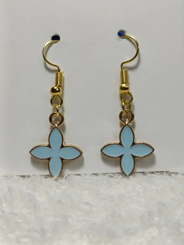Blue_Enamel_Gold_Tone_Four_Petal_Flower_Hook_Earrings_For_Women