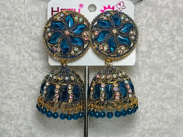 Blue_Enamel_Oxidized_Metal_Crystal_Bead_Jhumkas_For_Women