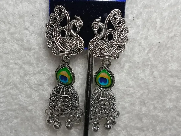 Oxidized_Silver_Enamel_Peacock_Jhumkas_For_Women