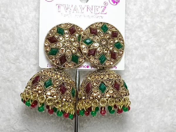Multicolour_Antique_Gold_Plated_Stone_Jhumkas_For_Women