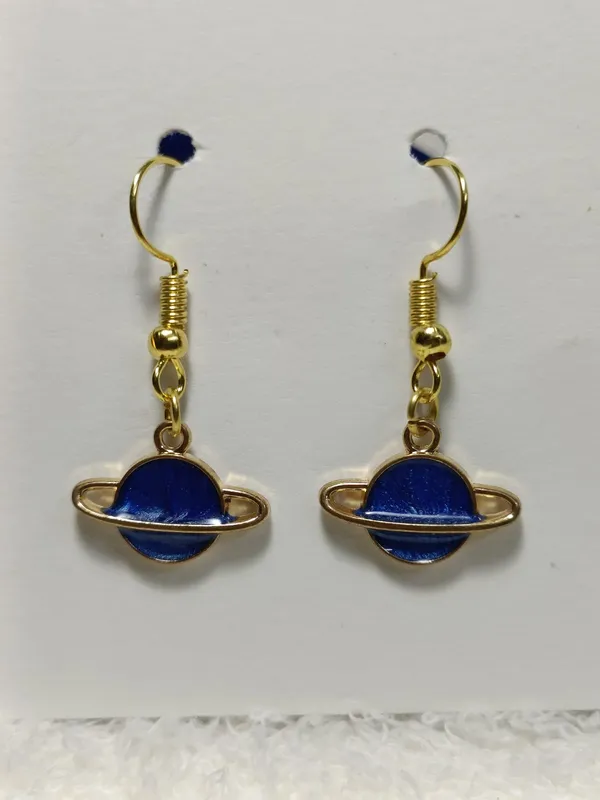 Blue_Enamel_Gold_Tone_Planet_Saturn_Hook_Earrings_For_Women