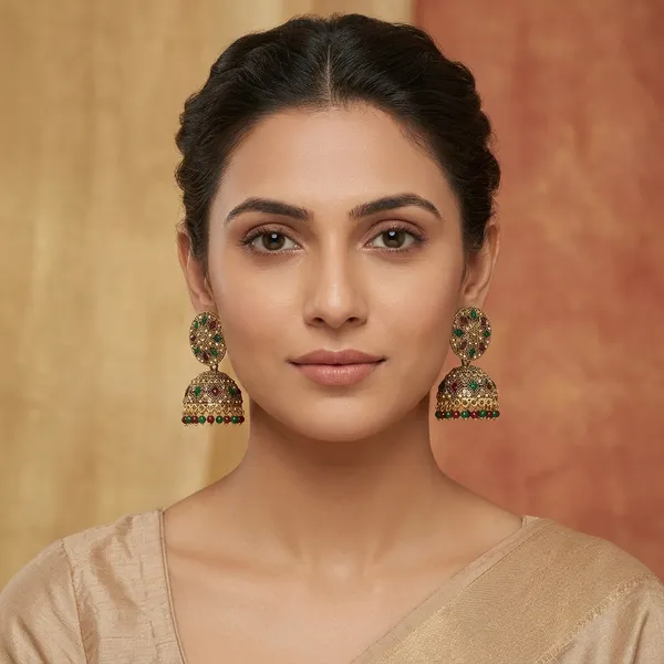 Multicolour_Antique_Gold_Plated_Stone_Jhumkas_For_Women