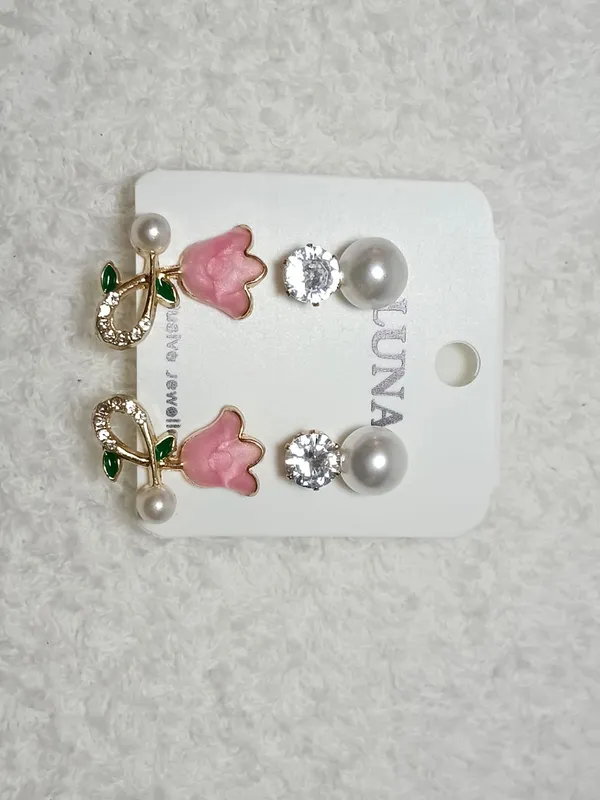 Pink_Alloy_Crystal_Pearl_Butterfly_Stud_&_Hnaging_Earring_For_Women_(Pack_Of_3)
