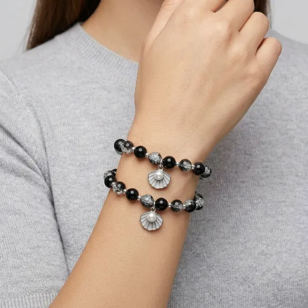 Black_Silver_Crackle_Quartz_Bead_Stretch_Bracelet_With_Shell_Charm_For_Women_Pack_Of_2