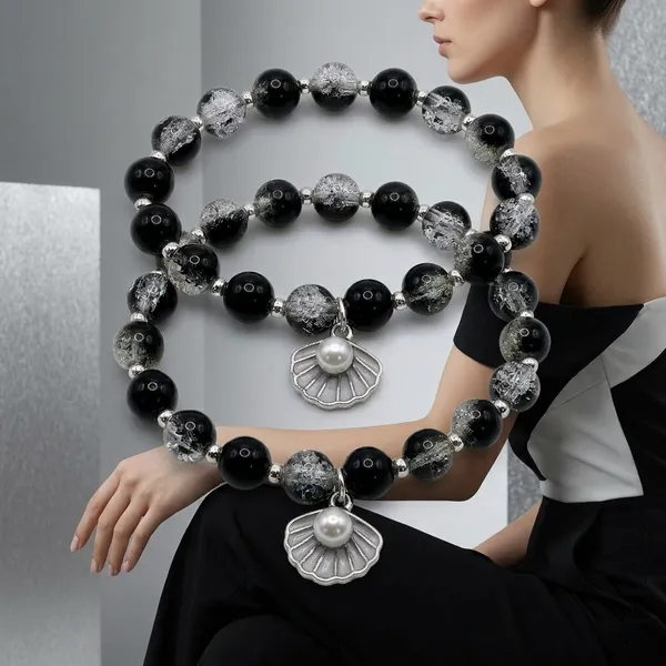 Black_Silver_Crackle_Quartz_Bead_Stretch_Bracelet_With_Shell_Charm_For_Women_Pack_Of_2