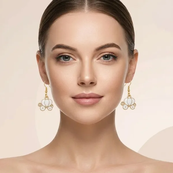 White_Enamel_Gold_Tone_Carriage_Charm_Hook_Earrings_For_Women