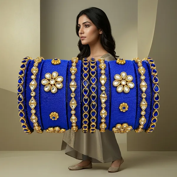 Royal_Blue_Silk_Thread_With_Kundan_Bangles_For_Women