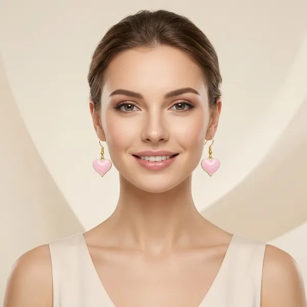 Pink_Enamel_Heart_Shaped_Gold_Tone_Hook_Earrings_For_Women