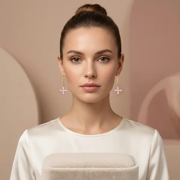 Pink_Enamel_Four_Petal_Flower_Gold_Tone_Hook_Earrings_For_Women