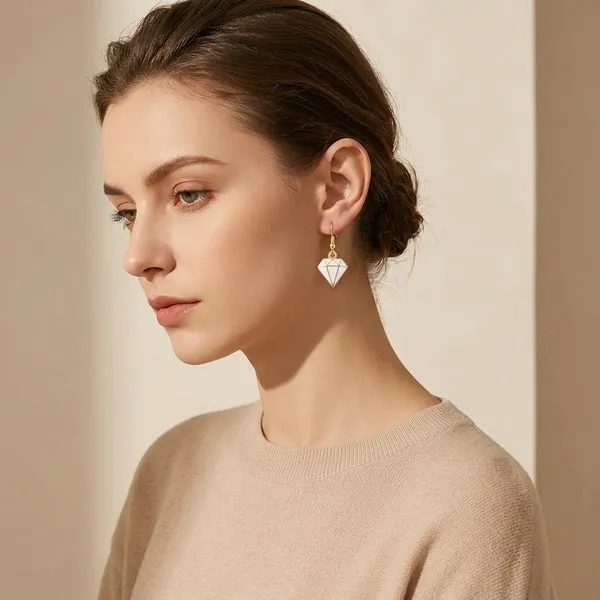 White_Enamel_Gold_Tone_Diamond_Shape_Hook_Earrings_For_Women