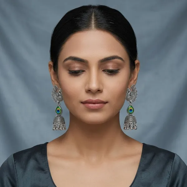 Oxidized_Silver_Enamel_Peacock_Jhumkas_For_Women
