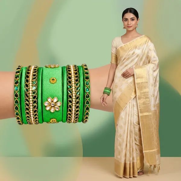Green_Silk_Thread_With_Kundan_Bangles_For_Women