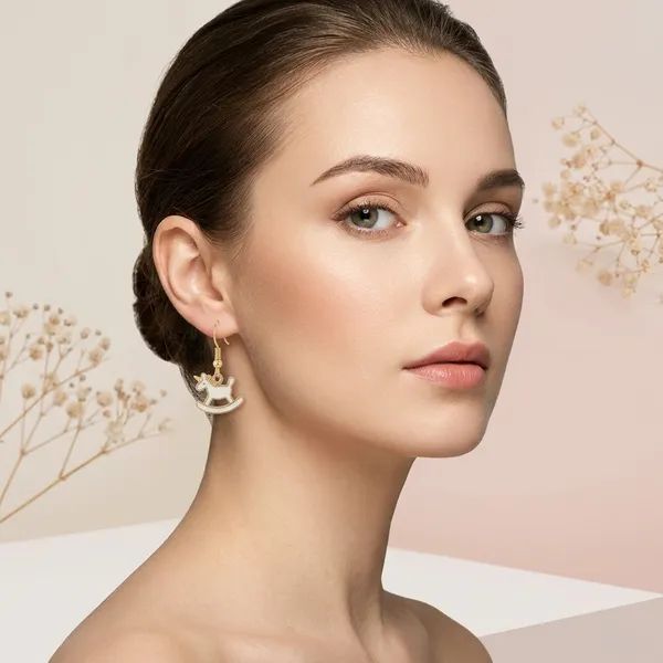 White_Enamel_Gold_Tone_Rocking_Horse_Hook_Earrings_For_Women