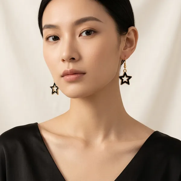 Black_Enamel_Gold_Tone_Star_Hook_Earrings_For_Women
