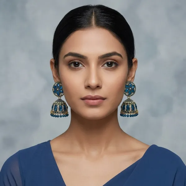 Blue_Enamel_Oxidized_Metal_Crystal_Bead_Jhumkas_For_Women