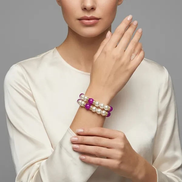 Purple_White_Pearl_Beaded_Elastic_Bracelet_Set_For_Women