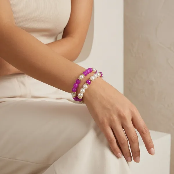 Purple_White_Pearl_Beaded_Elastic_Bracelet_Set_For_Women