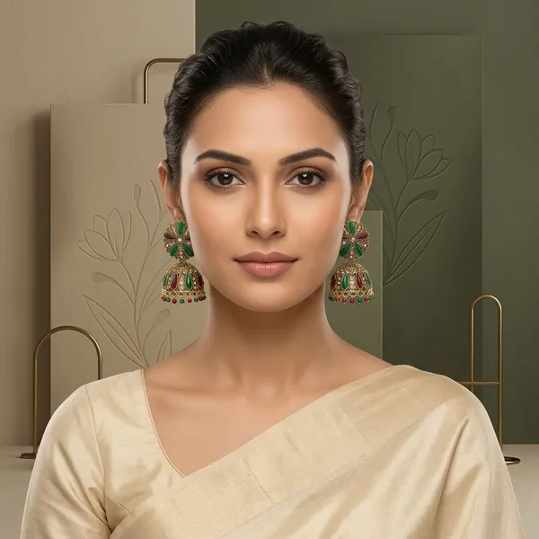 Multicolour_Enamel_Antique_Gold_Alloy_Floral_Jhumkas_For_Women