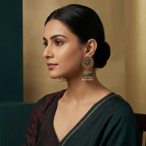 Antique_Gold_Plated_Green_Maroon_Stone_Jhumkas_For_Women