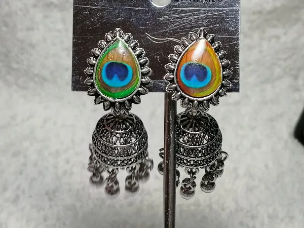 Silver_Blue_Oxidized_Peacock_Feather_Jhumkas_For_Women