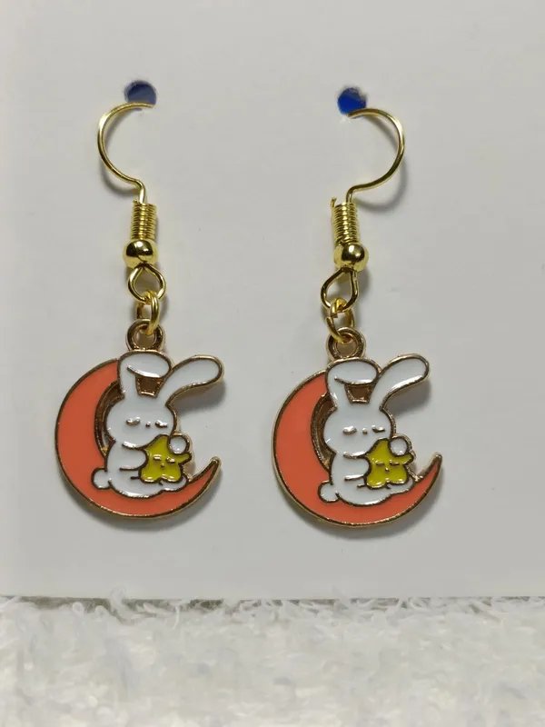 Pink_White_Enamel_Gold_Plated_Bunny_Moon_Crescent_Hook_Earrings_For_Women
