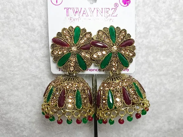 Multicolour_Enamel_Antique_Gold_Alloy_Floral_Jhumkas_For_Women