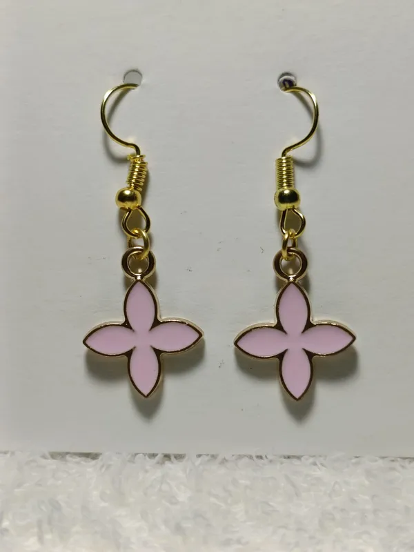 Pink_Enamel_Four_Petal_Flower_Gold_Tone_Hook_Earrings_For_Women