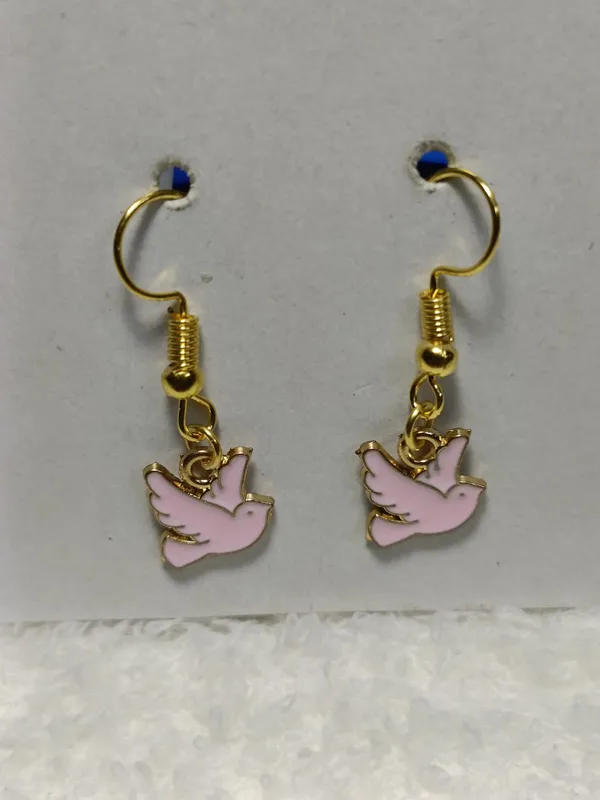 Pink_Enamel_Gold_Plated_Dove_Charm_Hook_Earrings_For_Women
