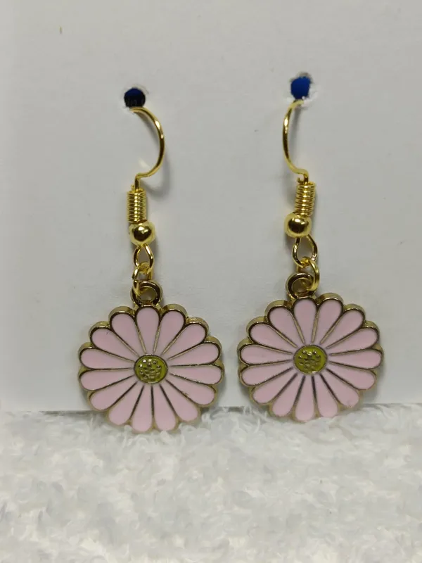 Pink_Enamel_Gold_Tone_Floral_Hook_Earrings_For_Women